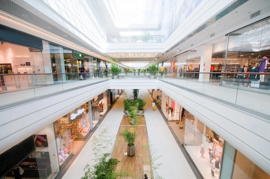 interior of modern retail and business facility protected by a commercial security installation. 