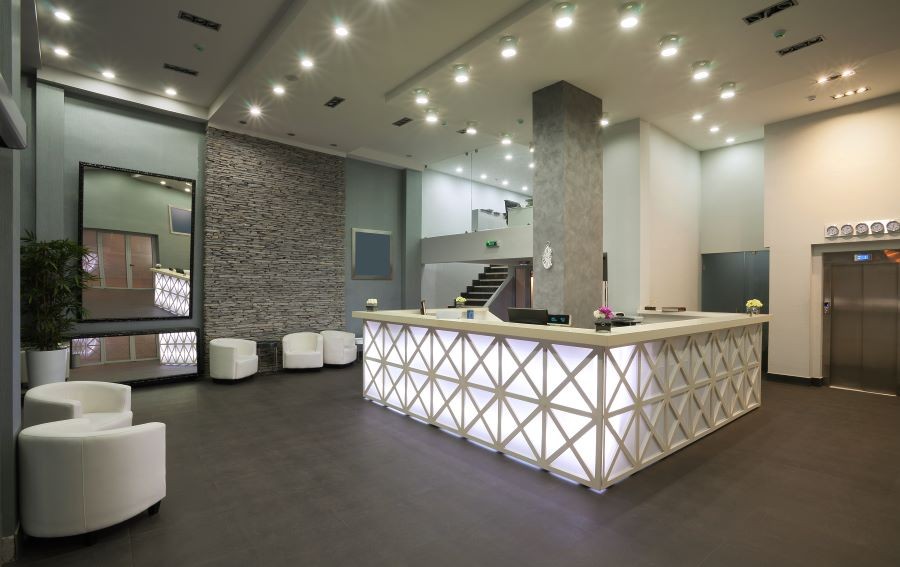 A well-lit business space with a reception area.