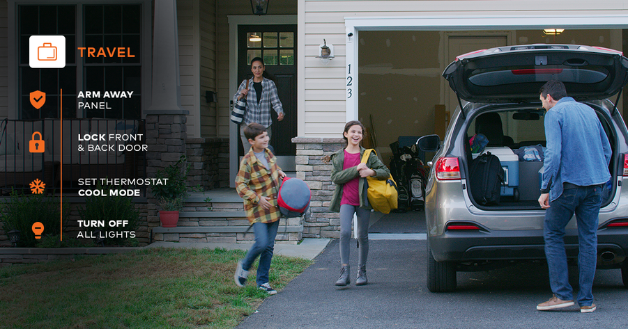 family loading up the back of a vehicle in a driveway. Travel security settings overlaid on the image.